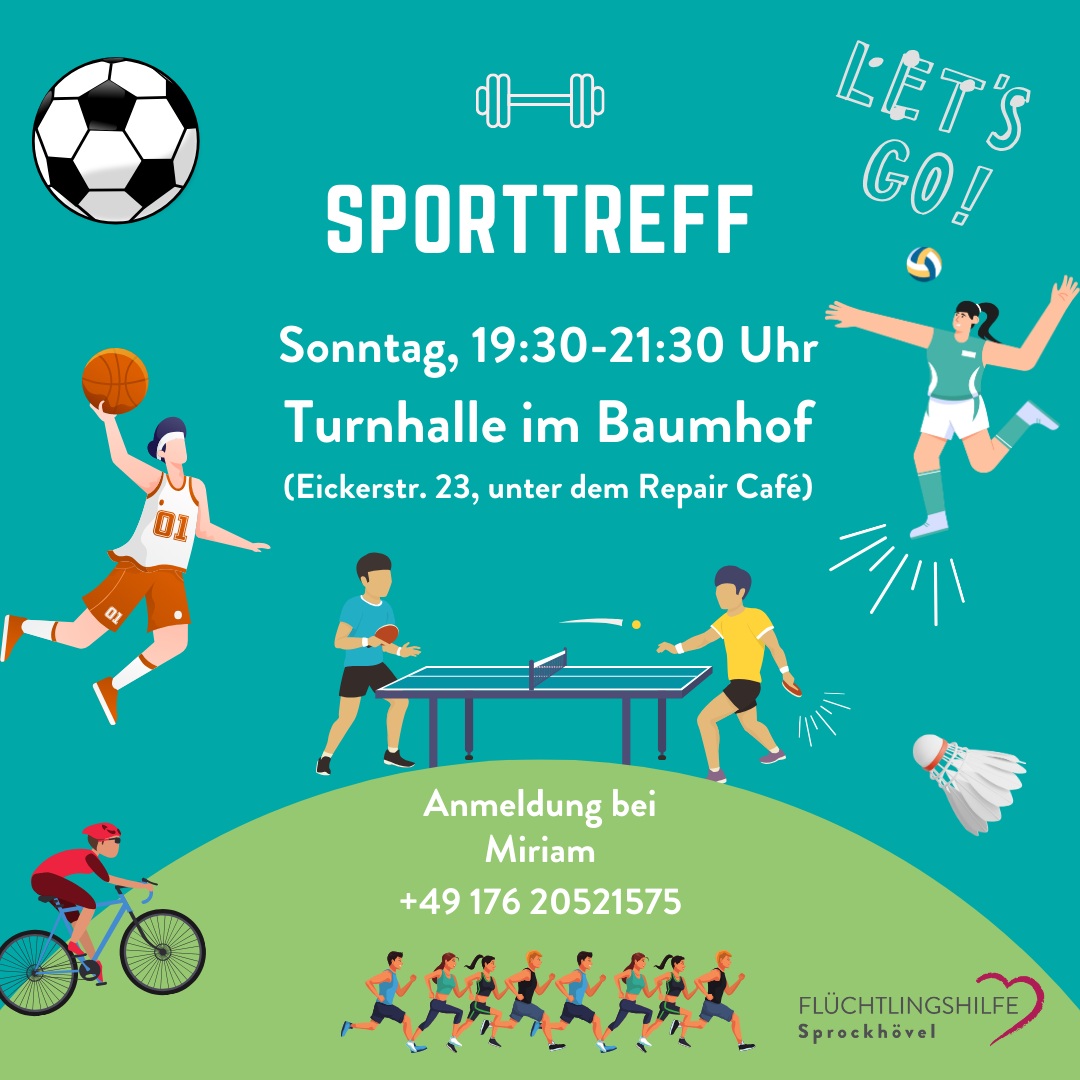 Sporttreff samstags 19:30–21:30 Uhr, Turnhalle im Baumhof, Anmeldung bei Miriam per WhatsApp: 0176 20521575