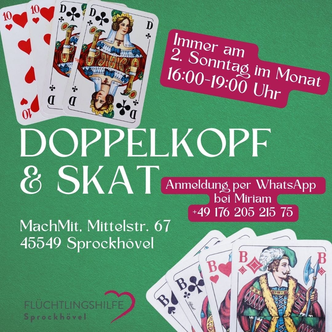 Doppelkopf & Skat-Treffen, 2. Sonntag im Monat, 16–19 Uhr, MachMit Sprockhövel, Anmeldung per WhatsApp.