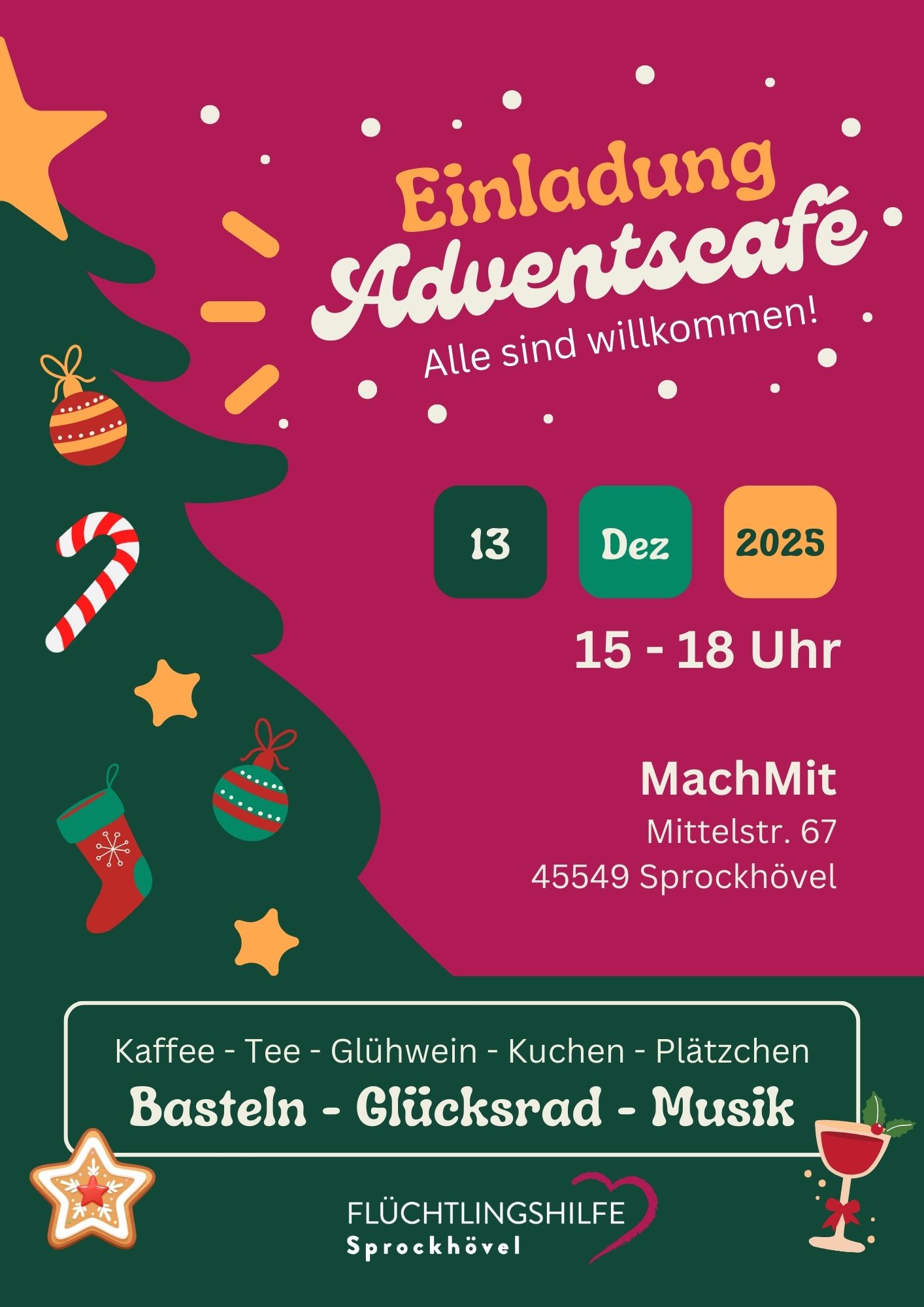 Einladung zum Adventscafé am 13.12.2025 von 15–18 Uhr in Sprockhövel. Weihnachtlicher Baum und Deko. Kaffee, Tee, Glühwein, Kuchen, Plätzchen, Basteln, Glücksrad und Musik. Alle sind willkommen.