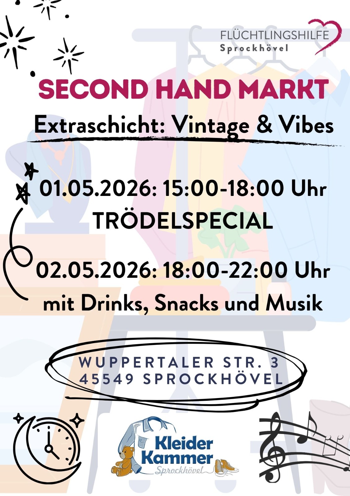Plakat: Second Hand Markt „Vintage & Vibes“ in Sprockhövel. 01.05.2026, 15–18 Uhr Trödelspecial; 02.05.2026, 18–22 Uhr mit Drinks, Snacks und Musik. Ort: Wuppertaler Str. 3, 45549 Sprockhövel.