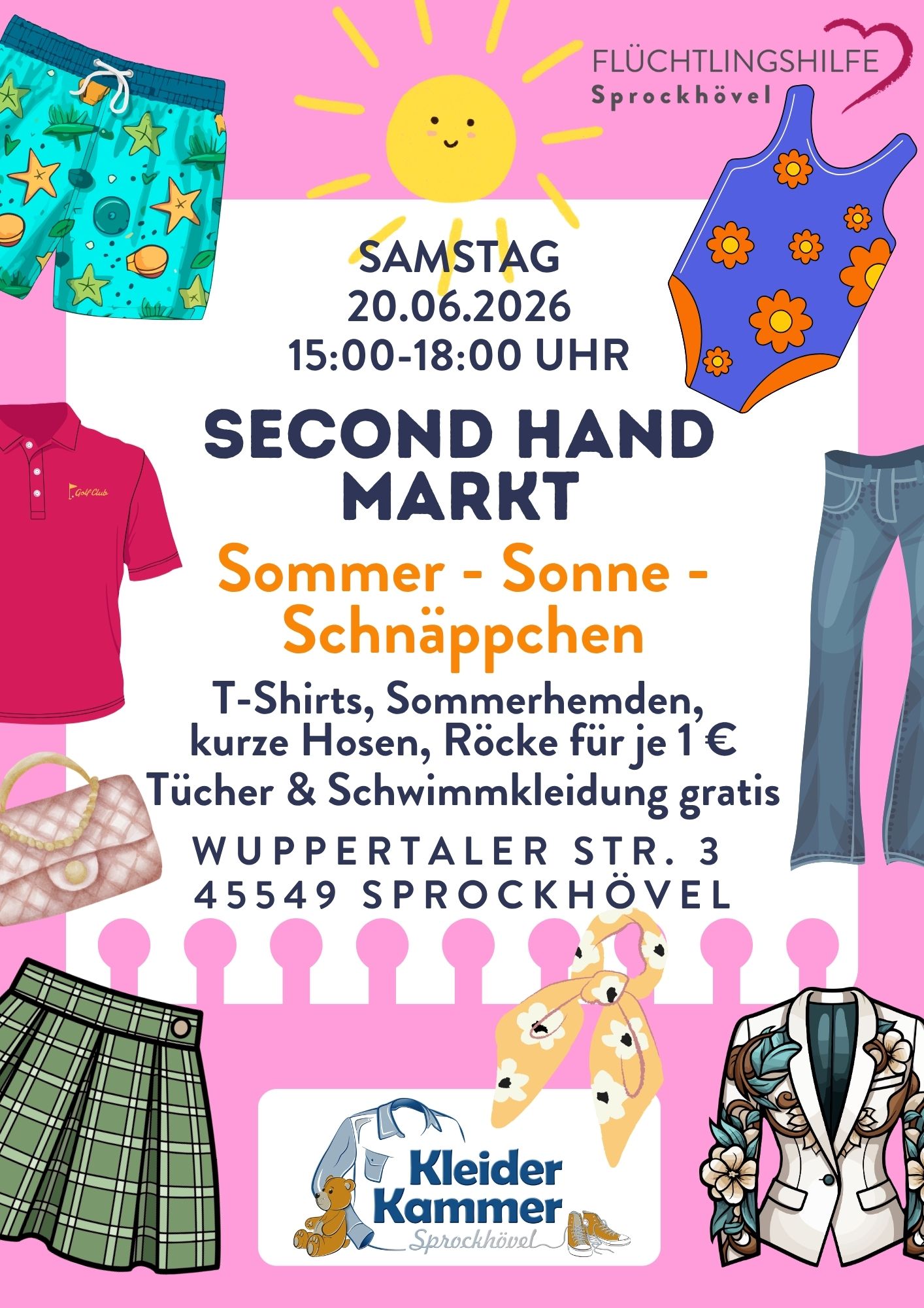 Plakat zum Second-Hand-Markt der Flüchtlingshilfe Sprockhövel am 20.06.2026 von 15–18 Uhr. Sommerkleidung für 1 Euro, Tücher und Schwimmkleidung gratis. Ort: Wuppertaler Straße 3, Sprockhövel.