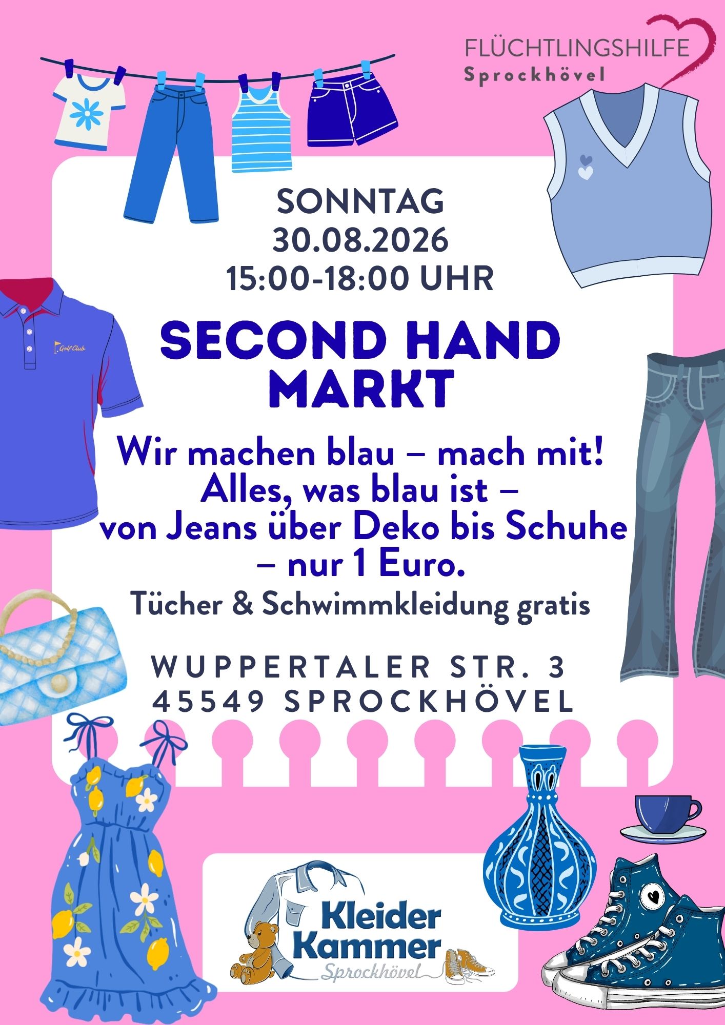 Second-Hand-Markt am 30. August in Sprockhövel: Alle blauen Artikel für 1 Euro, Tücher gratis.