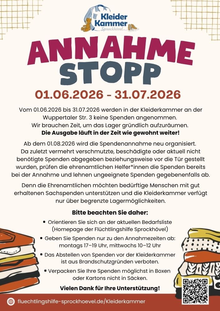 Plakat der Kleiderkammer Sprockhövel: Annahmestopp für Spenden vom 1.6. bis 31.7.2026 wegen Neuorganisation. Ausgabe läuft weiter. Hinweise zu Annahmezeiten und Bedarfsliste.
