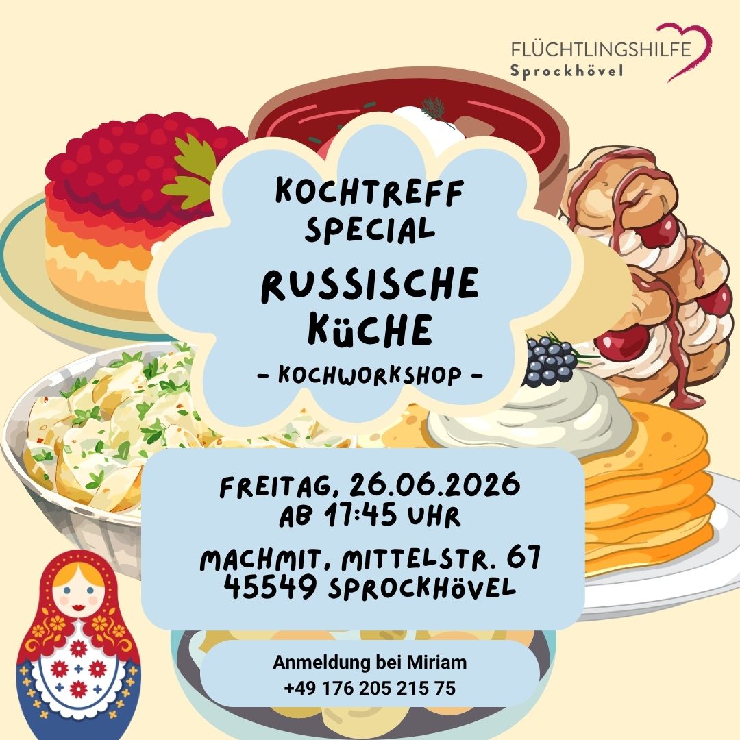 Illustration für einen Kochworkshop zur russischen Küche mit Bildern von Borschtsch, Pelmeni, Blini, Kuchen und Profiteroles. In der Mitte stehen die Veranstaltungsinformationen: „Kochtreff Special – Russische Küche“, 26.06.2026, ab 17:45 Uhr, MachMit