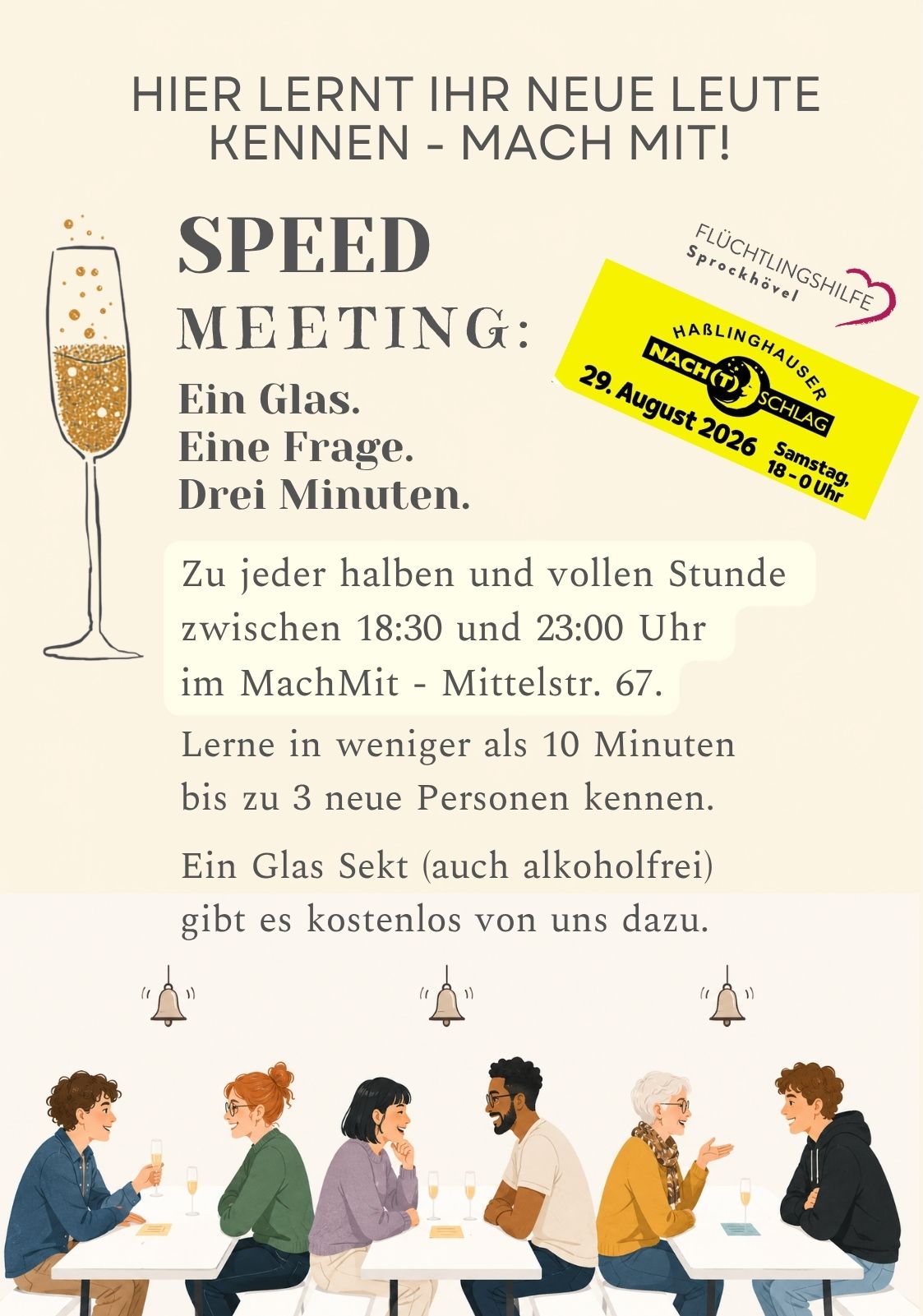 Plakat zum Speed Meeting beim Nach(t)schlag: Neue Leute kennenlernen bei Sekt und kurzen Gesprächen. 29.08.2026, 18:30-23:00 Uhr, MachMit, Mittelstr. 67